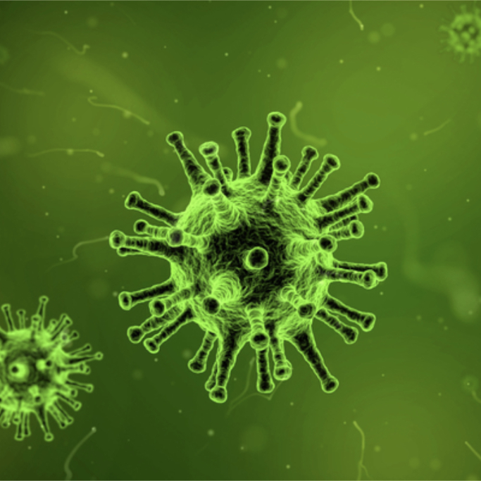 Image of a virus with green hue. The Keen Group Minicab Virus - COVID-19 - Coronavirus